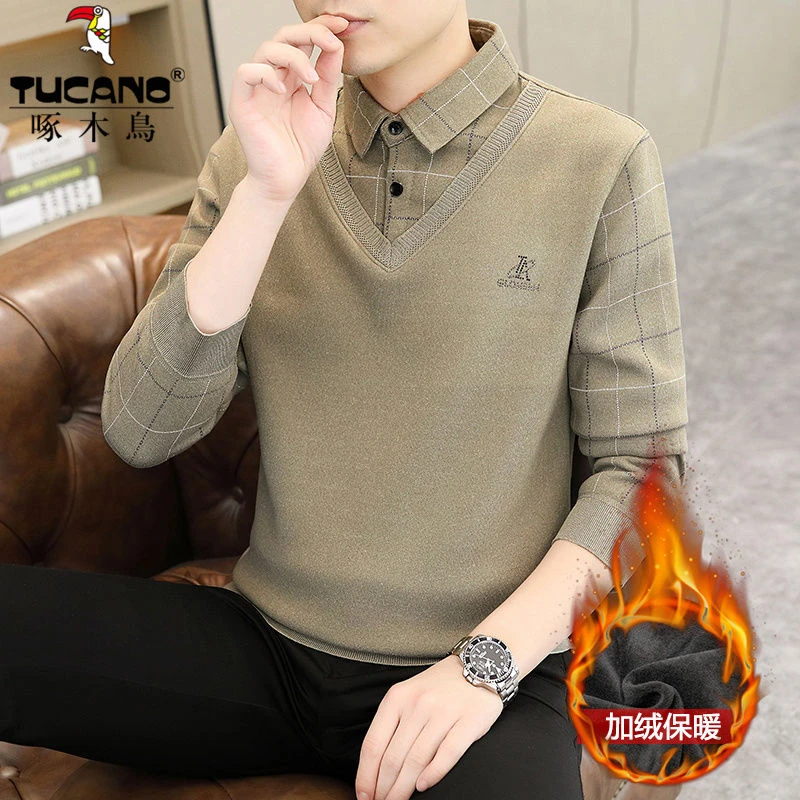 啄木鸟秋冬新款针织衫假两件套毛衣男士加绒加厚衬衫领格子毛衫男