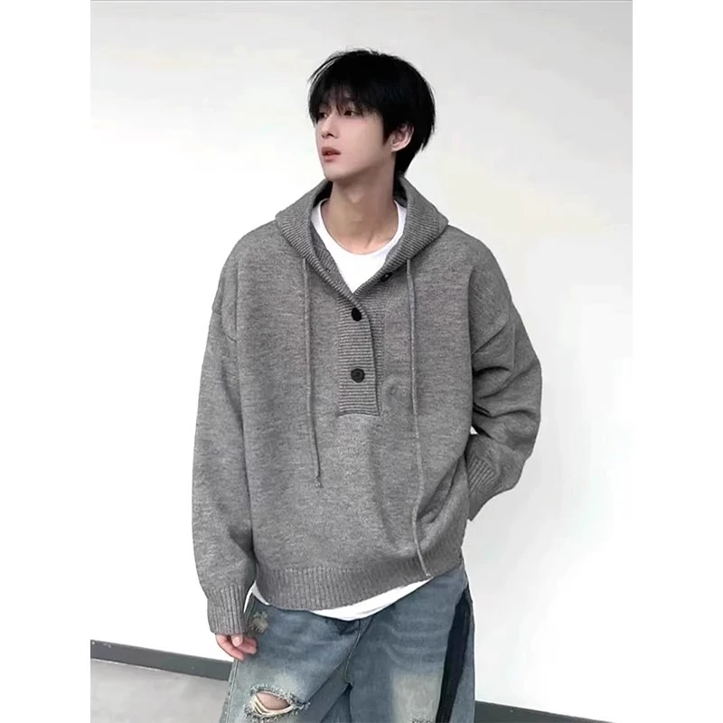 美式复古连帽毛衣男款秋冬慵懒高级感半开衫针织衫深灰色卫衣外套