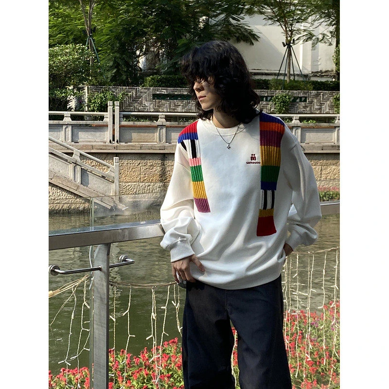 复古撞色拼接卫衣男春秋美式彩虹披肩长袖t恤潮流学院风休闲上衣