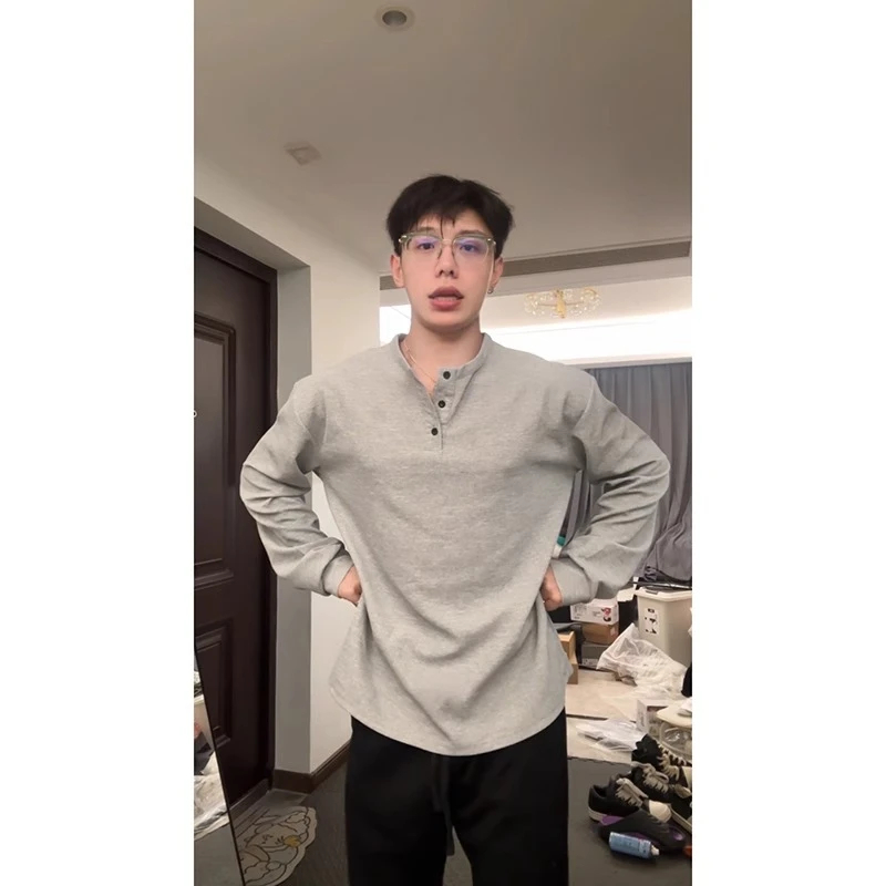 斌子同款亨利领长袖t恤男秋冬美式复古加绒卫衣polo领内搭打底衫