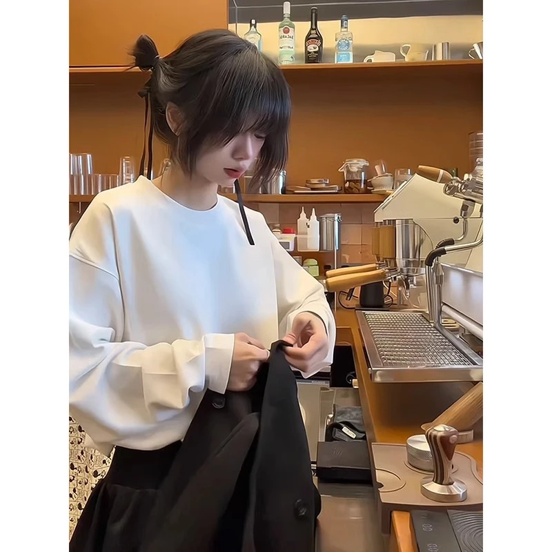 美式正肩圆领德绒打底衫男款秋冬季重磅基础款卫衣白色内搭打底衫