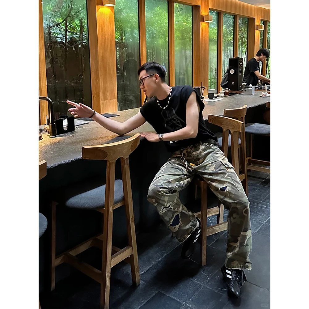 LIGGICC钊叔制美式街头嘻哈水洗迷彩长裤破洞直筒潮牌搭配工装裤