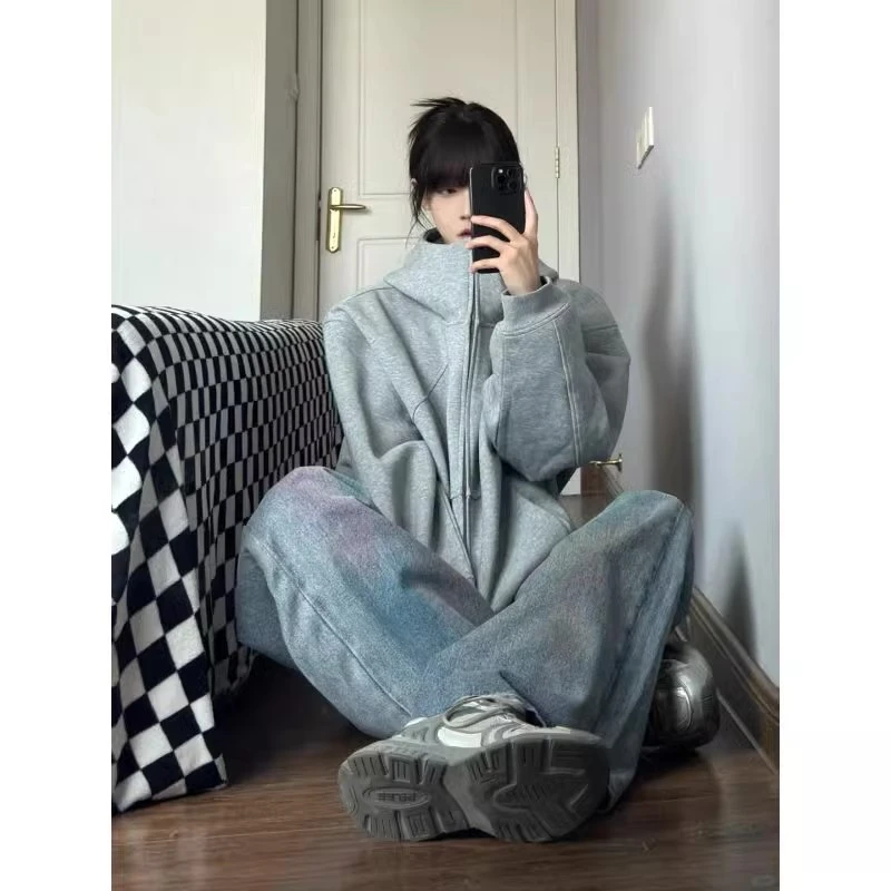 rreiko浅灰色廓形拉链开衫卫衣男秋冬加绒美式重磅设计感解构外套