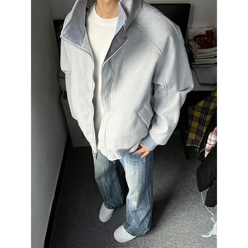 浅灰色廓形短款呢子外套男秋冬季美式高街立领棉衣潮牌高级感夹克