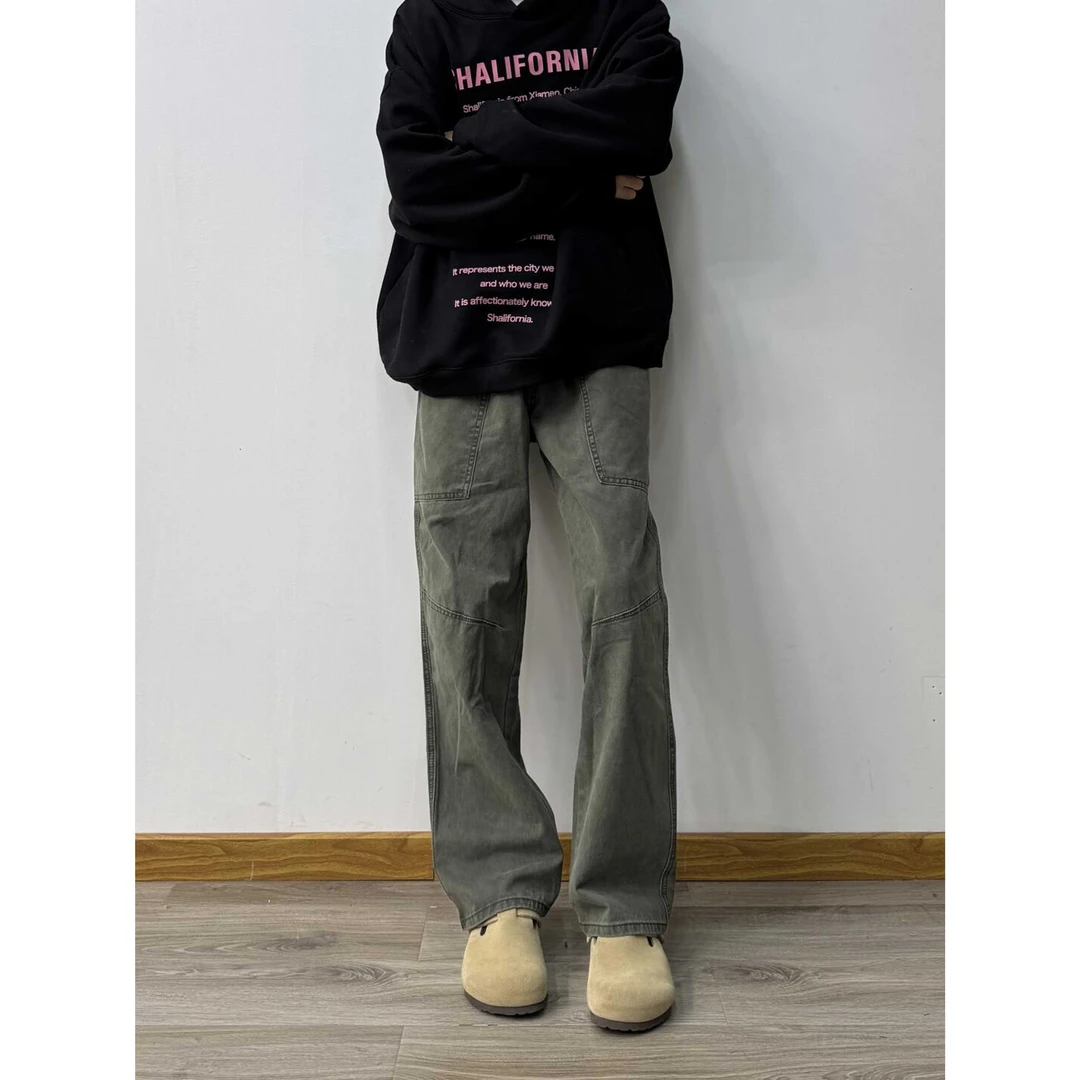 水洗弯刀牛仔裤男秋冬款加绒美式vibe风微喇工装裤修身直筒微喇裤