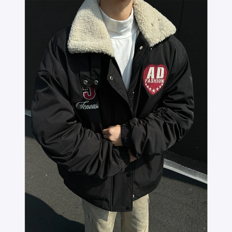 美式轻薄羊羔毛翻领棉服男冬季飞行服夹克棉衣短款黑色夹棉棒球服