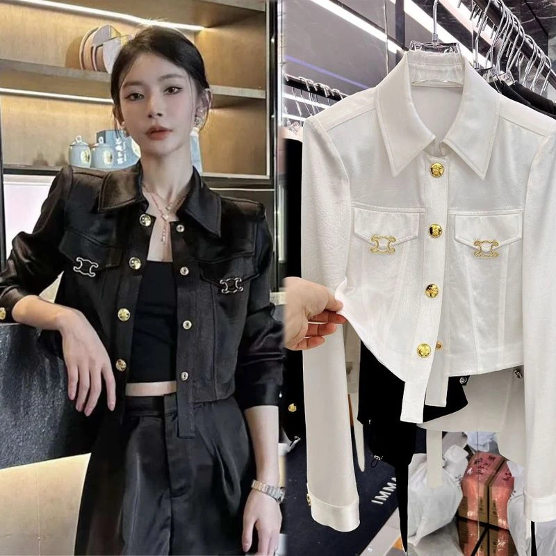 2023春夏薄款洋气短款防晒外套女欧货时尚设计感金扣醋酸上衣开衫