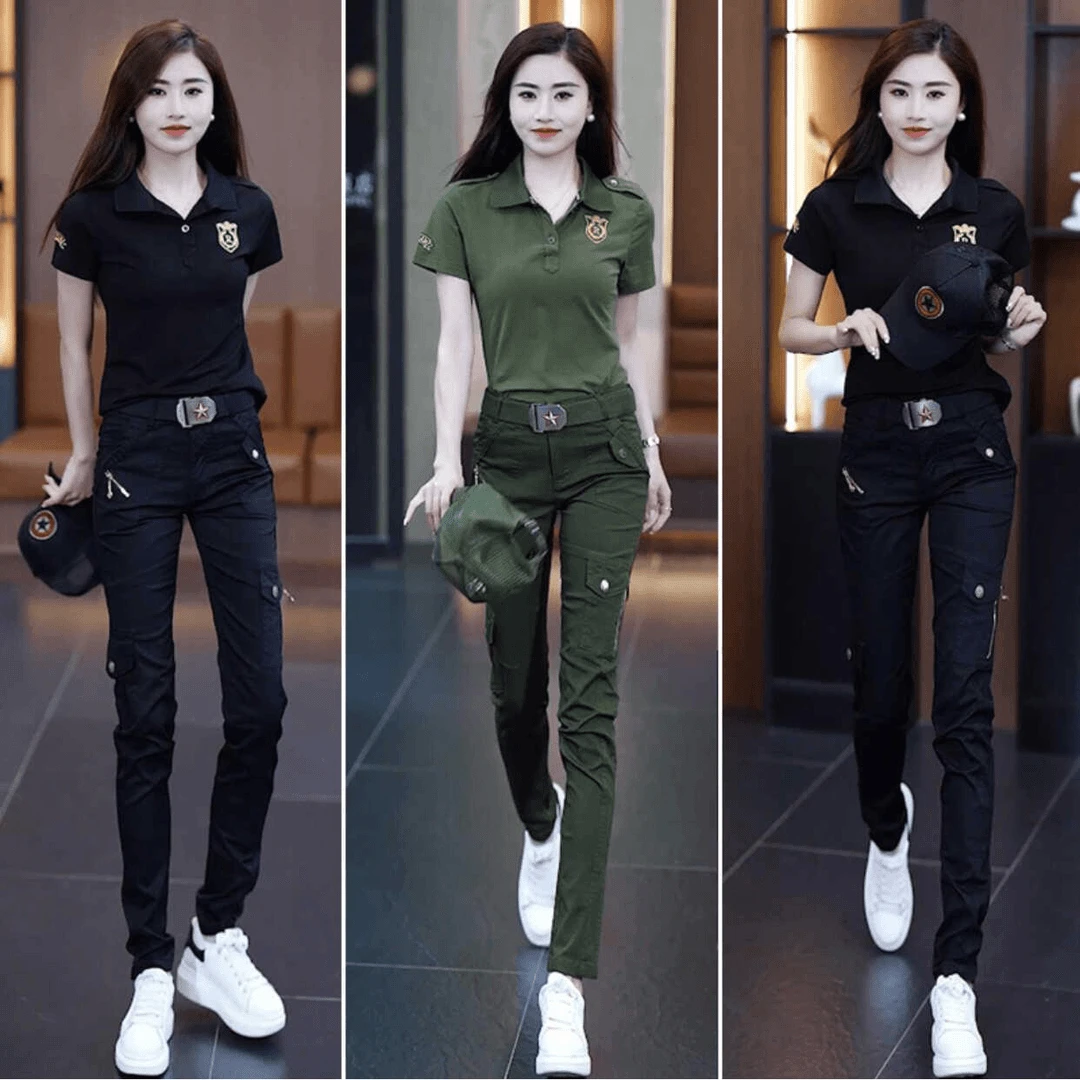 迷彩服女夏季薄款时尚洋气显瘦翻领短袖t恤工装长裤休闲运动套装