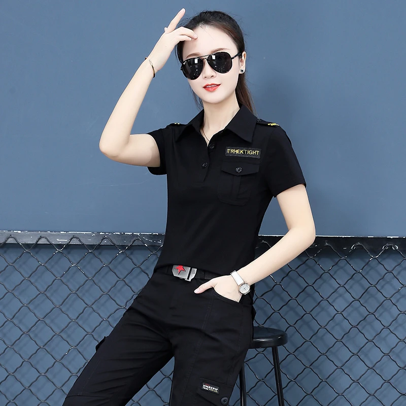 夏季新款工装短袖长裤套装大码显瘦时尚休闲迷彩翻领时尚休闲黑色