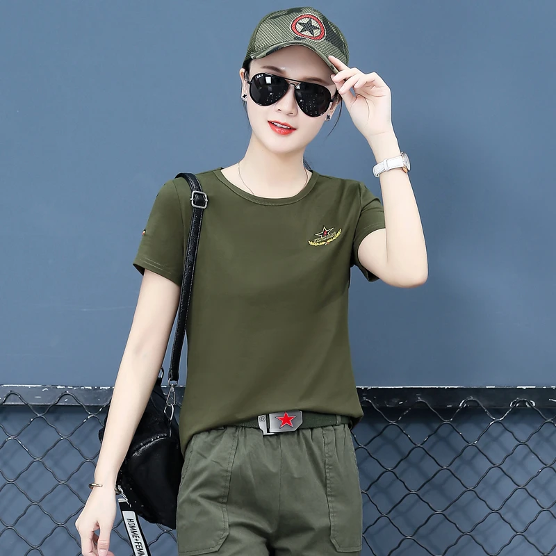 迷彩服短袖女夏季新款时尚圆领大码尺码黑色休闲军绿薄款上衣百搭