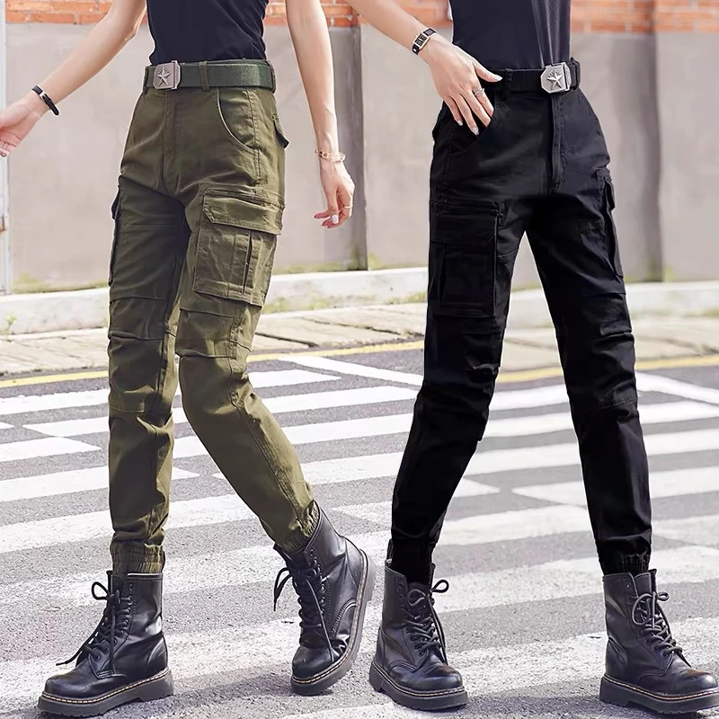 户外工装裤女春秋冬新款大码高腰多口袋束脚裤小个子百搭迷彩长裤
