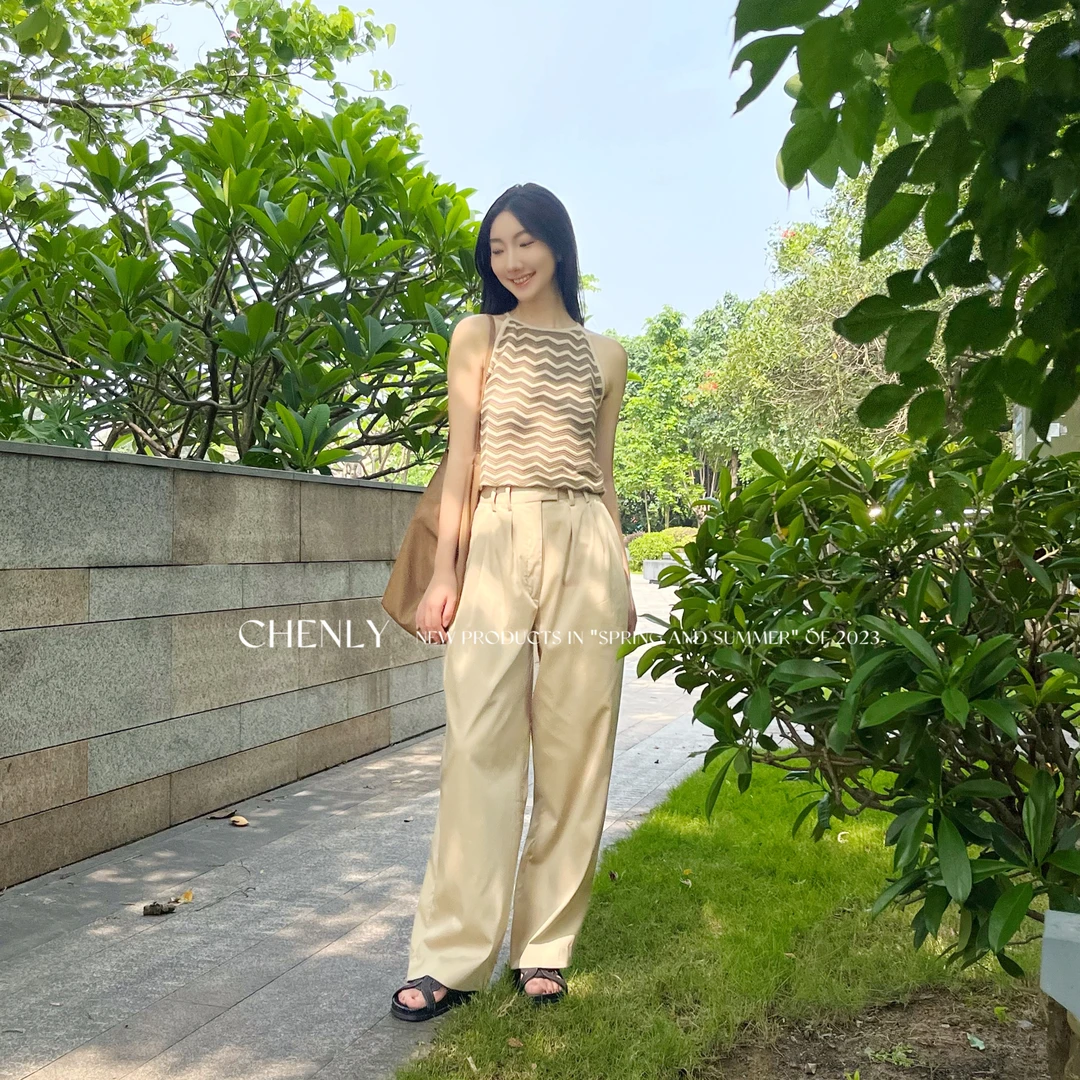 CHENLY 米色高腰阔腿西裤