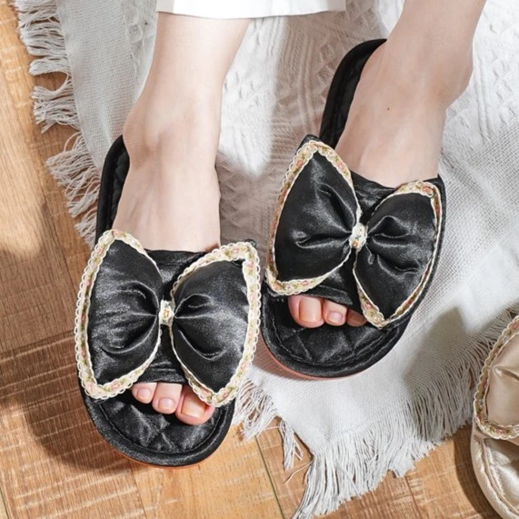 新款韩版蝴蝶结高端布艺蕾丝女防滑静音无声家居室内地板拖鞋四季
