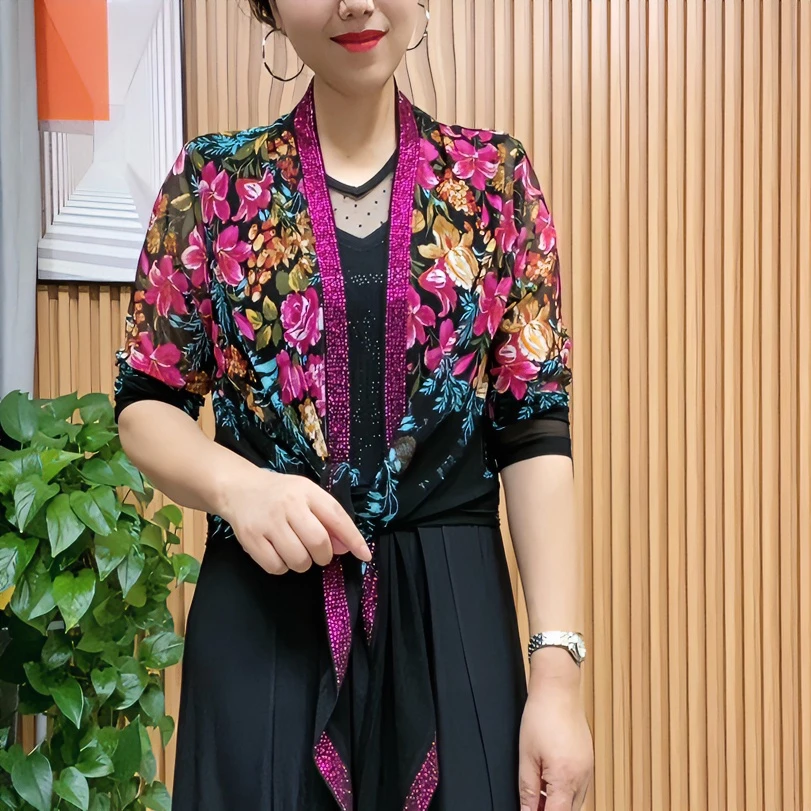 夏季短款洋气时尚百搭网纱亮钻提花披肩888-1