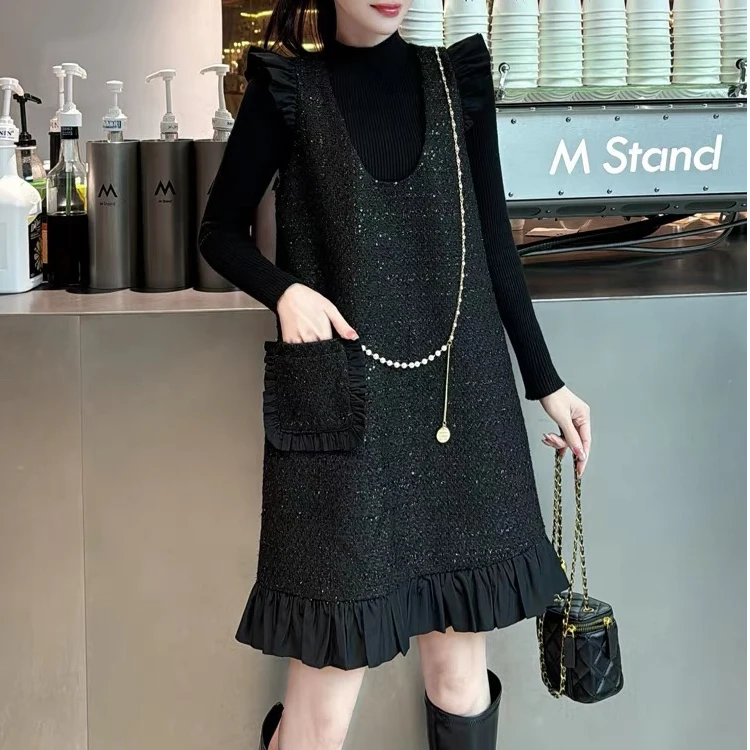 秋冬时尚气质小香风荷叶边真两件女连衣裙