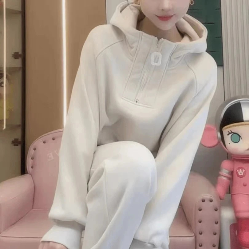 半拉链套头减龄休闲卫衣加绒加厚套装女新款