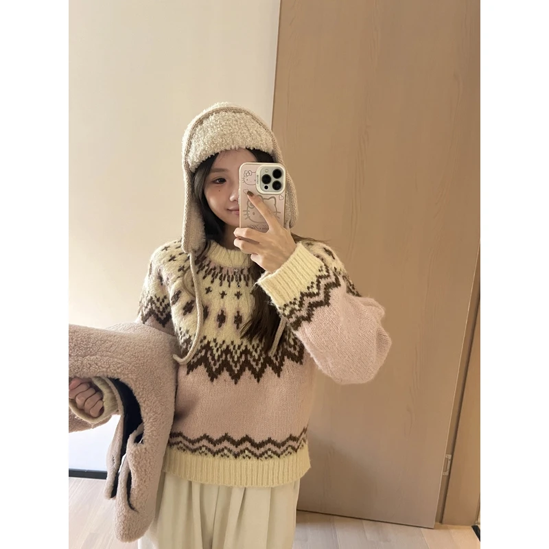 秋冬复古粉色费尔岛撞色提花圆领毛衣女韩系加厚套头时尚百搭打底
