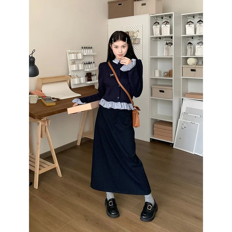 条纹法式气质长袖针织开衫长款骑行半身裙女秋季2023新款时尚套装