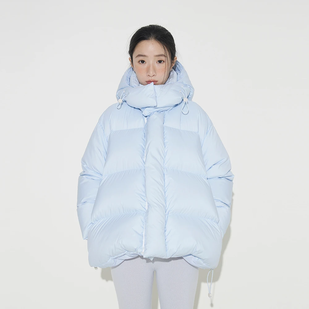 "御寒系列"双倍充绒温暖 7%奶油蓝「包裹式 可拆卸帽羽绒服」TWOI