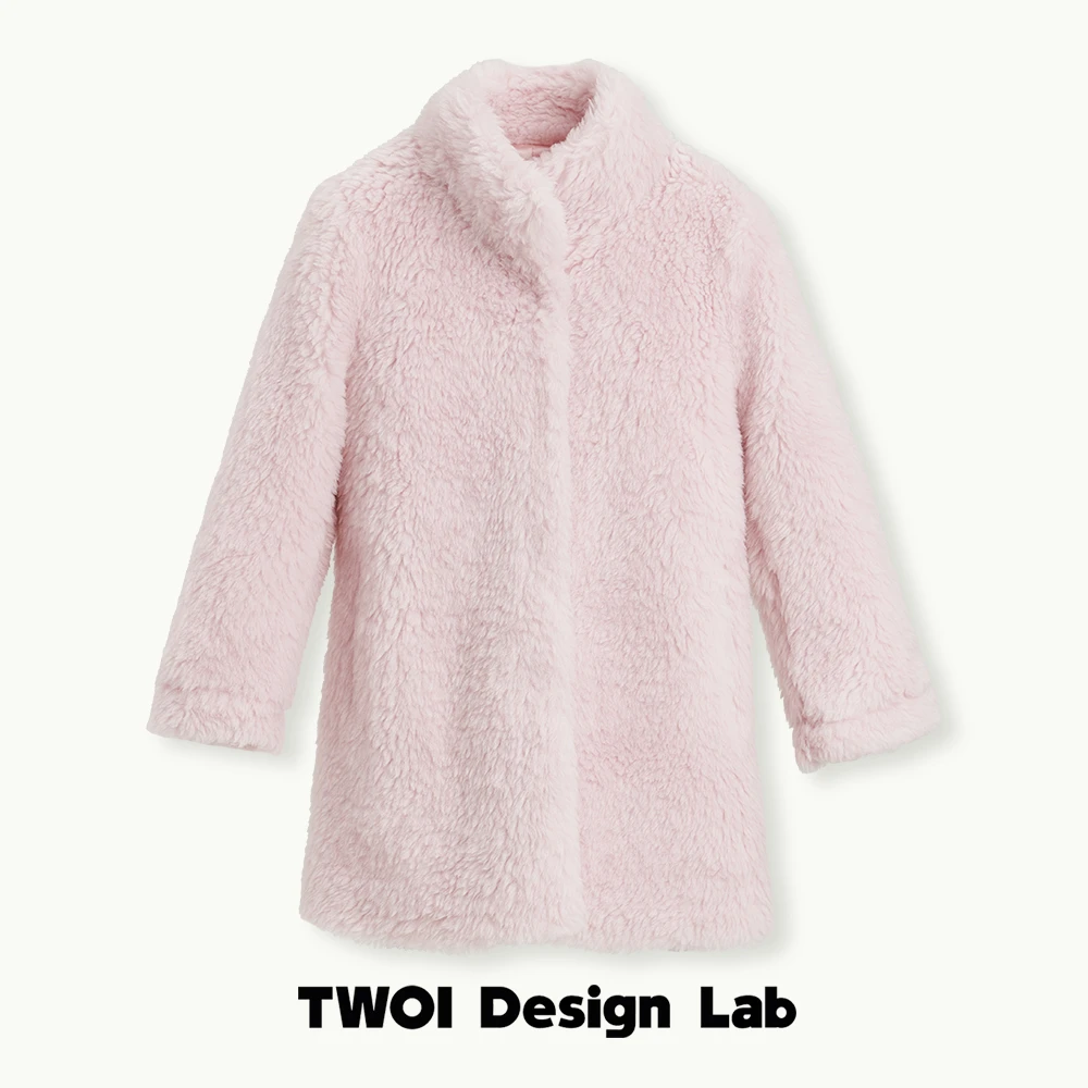 TWOI Design Lab"毛绒绒" 「奶油粉100%羊毛粉草羊羔毛中长外套」