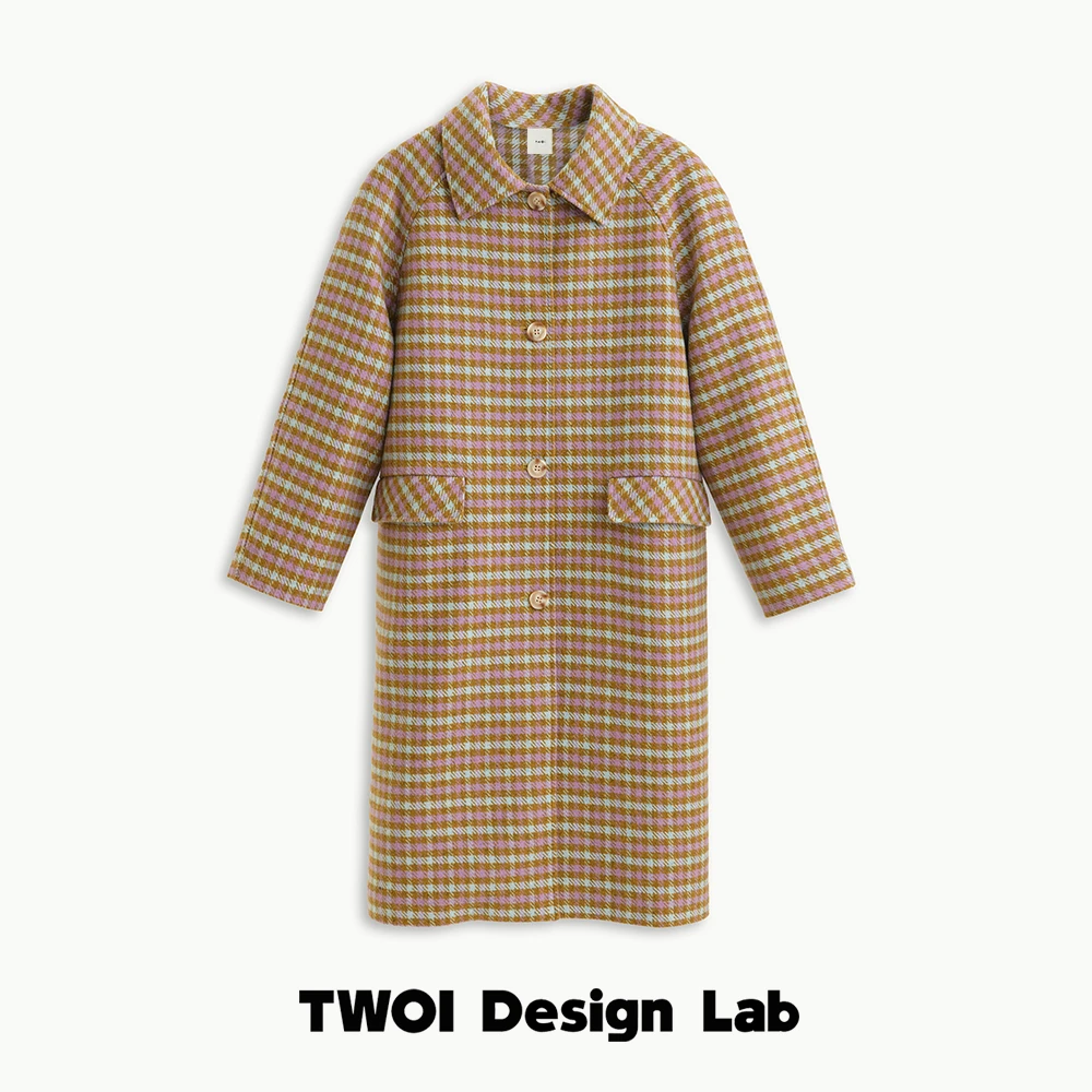 TWOI Design Lab "精致格纹" 「奶油绿格纹经典插肩袖毛呢大衣」