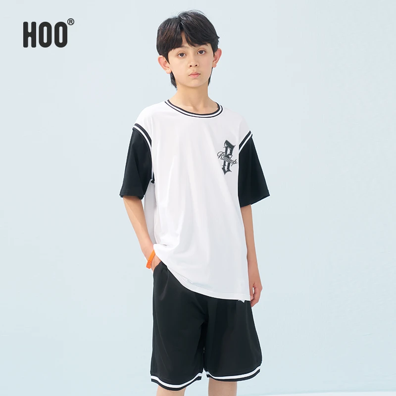 hoo儿童运动套装夏季中大童假两件休闲透气短袖青少年男童T恤短裤