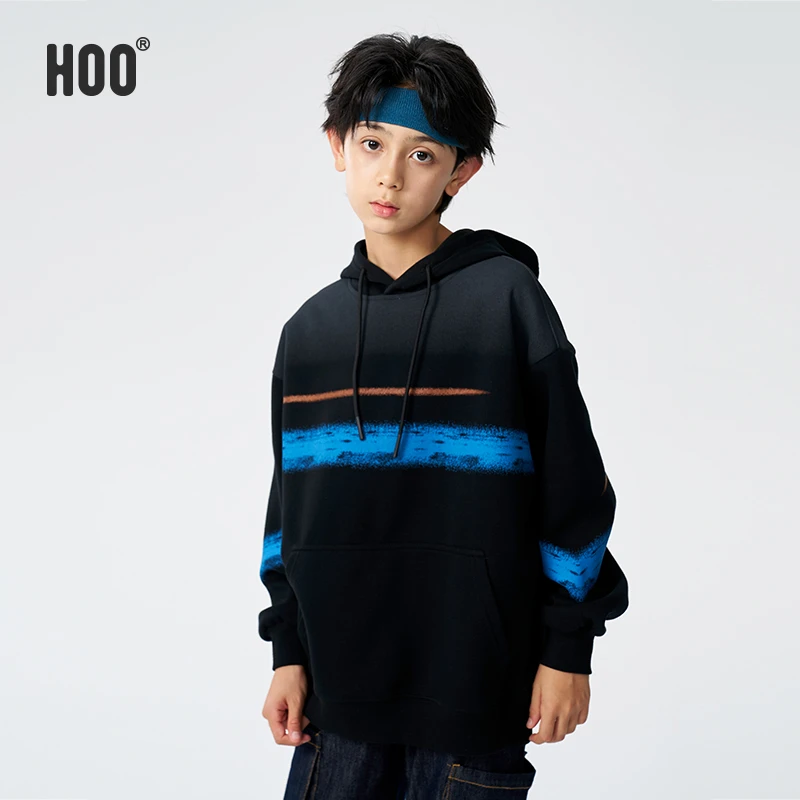 HOO中大男童秋季新品6-12岁胖童卫衣宽松连帽渐变复古上衣4885