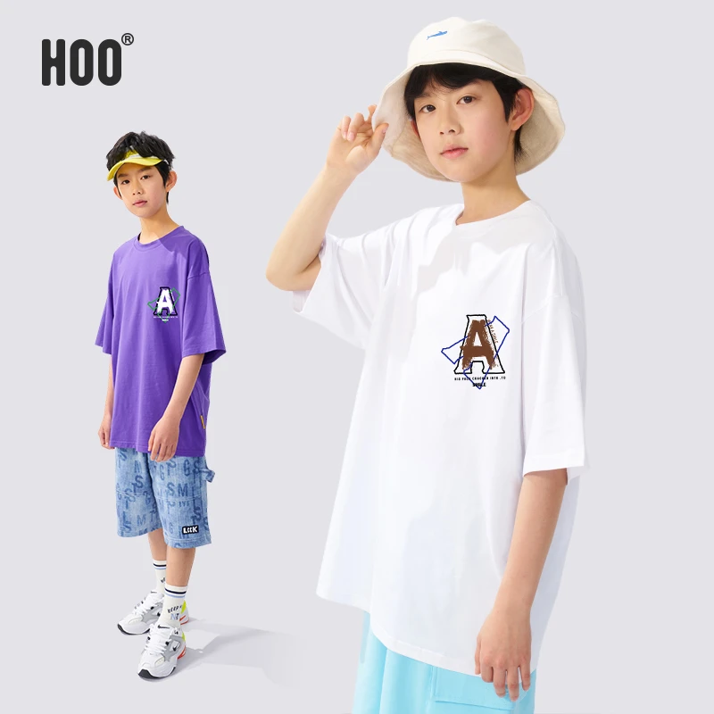 HOO男童夏季新品潮流时尚紫色半袖夏款休闲宽松短袖儿童T恤1392