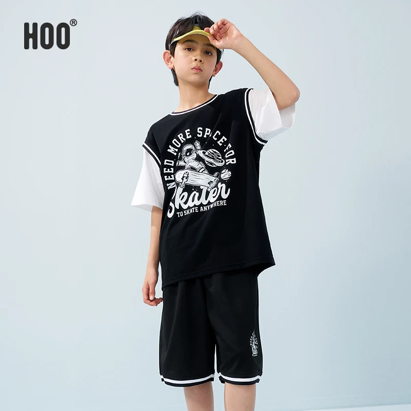 HOO青少年男童童装儿童夏季宽松套装中大童短袖T恤篮球衣9962