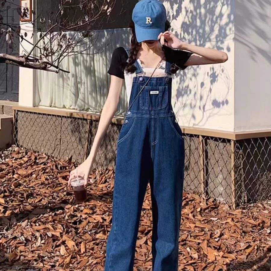 2024新款美式背带牛仔裤显瘦阔腿裤复古工装背带裤连体裤女春