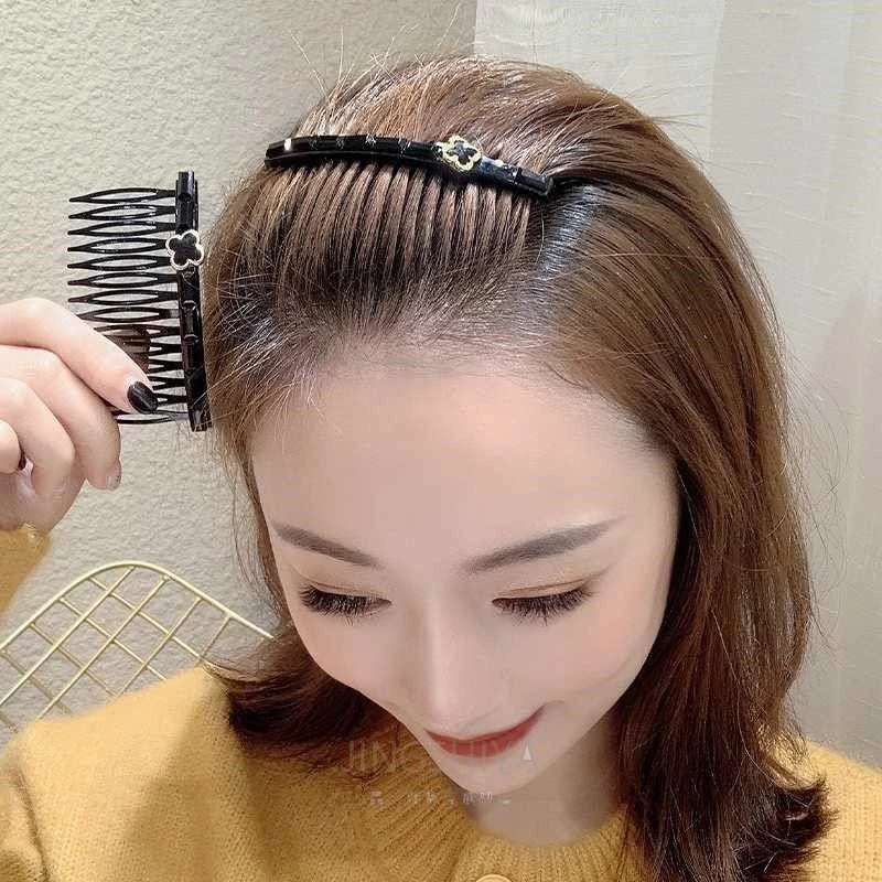 黑色四叶草刘海发梳卡子发饰韩国碎发发卡头饰倒插梳发夹发叉防滑