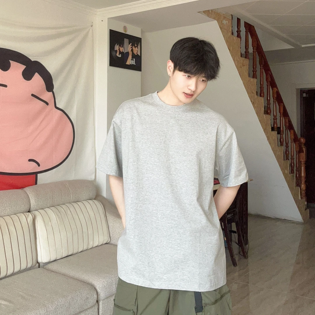 重磅310克美式潮牌百搭纯色T恤男女宽松圆领落肩夏季基础短袖