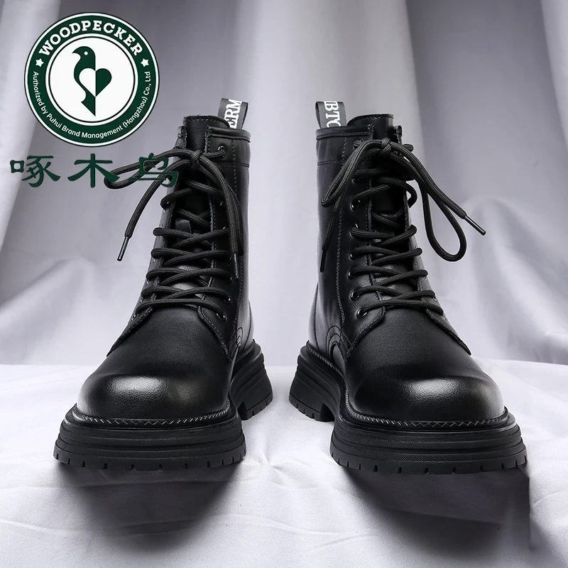 啄木鸟马丁靴男2024新款黑色英伦风机车工装靴高帮防水休闲软皮靴