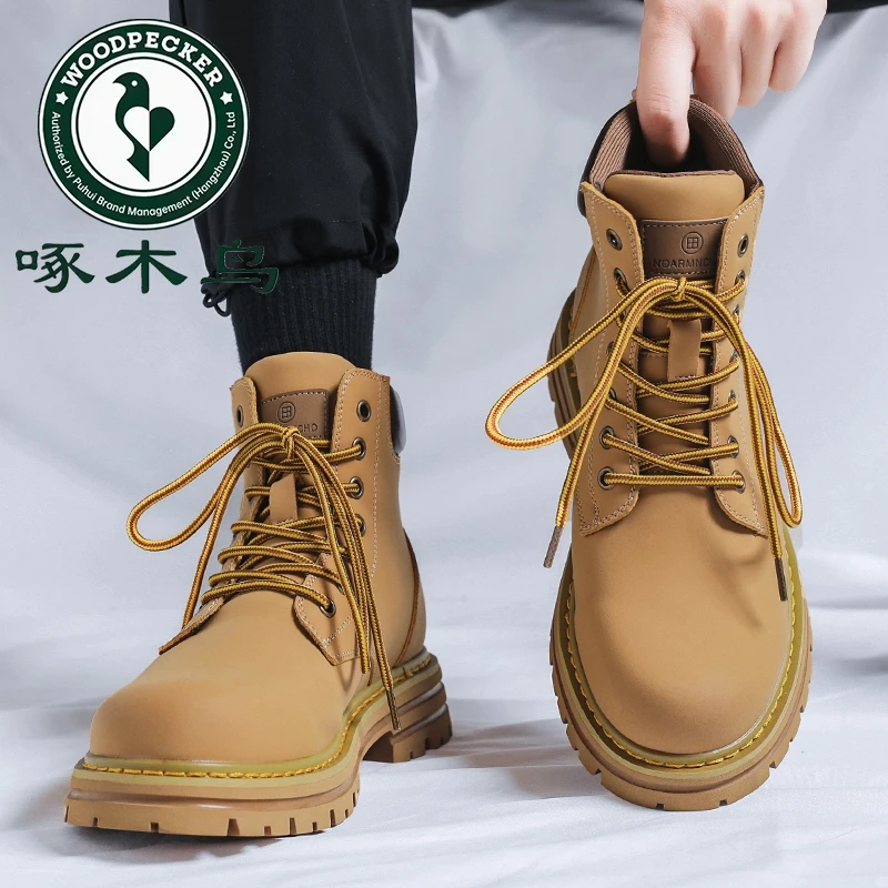 啄木鸟马丁靴男士夏季新款高帮鞋户外工装靴真皮厚底增高短靴黄靴