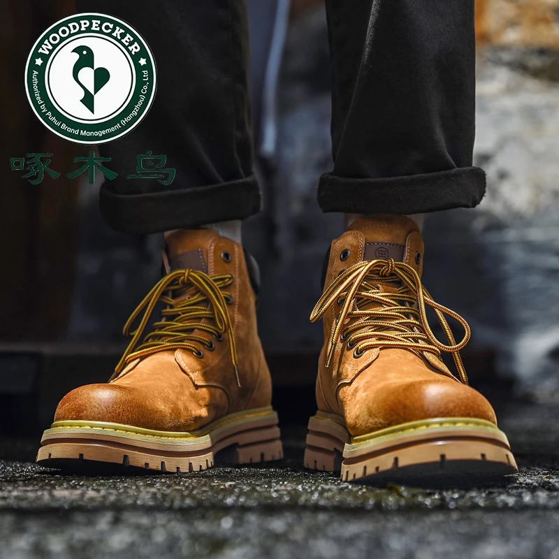 啄木鸟马丁靴男士夏季新款高帮鞋户外工装靴真皮厚底增高短靴黄靴