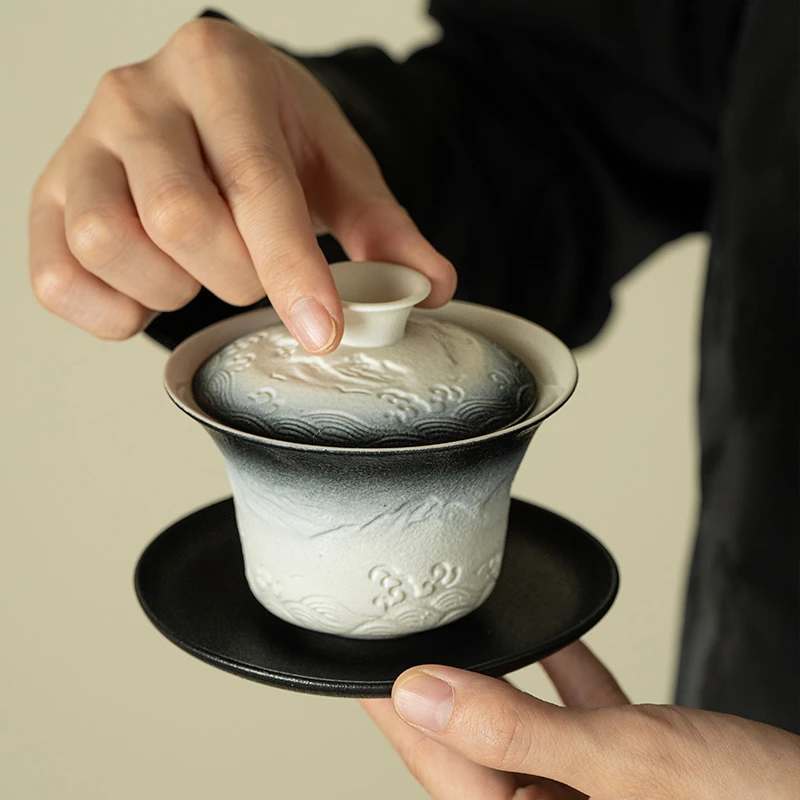 路宝渐变不烫手三才盖碗陶瓷单个高档主人杯碗泡功夫茶具茶杯浮雕