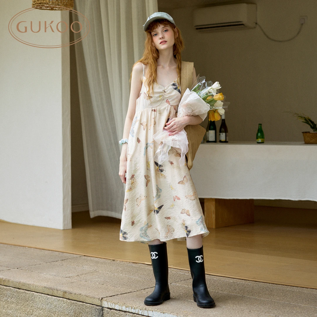 Gukoo/果壳带胸垫睡裙夏季晕染蝴蝶新中式吊带连衣裙可外穿家居服
