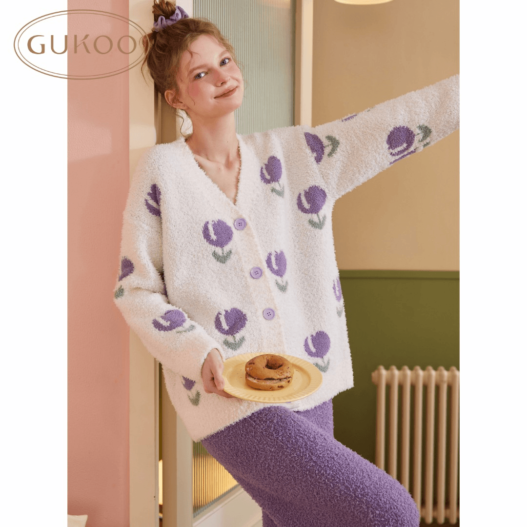 【Gukoo果壳】半边绒郁金香小花紫色家居服甜美长袖保暖睡衣套装