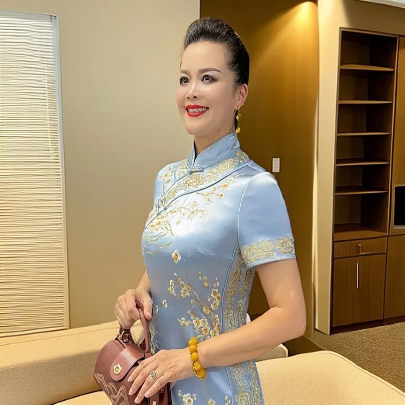 高级蓝色手工刺绣豪华复古中长款修身优雅礼服旗袍LY170031