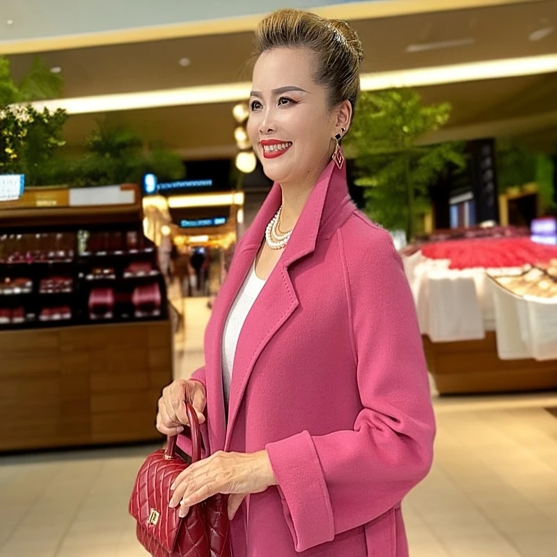 高级女士双面手工羊绒粉色气质显瘦时尚大衣MZ00020