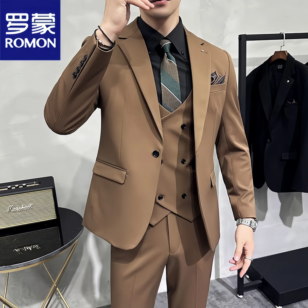罗蒙高档商务休闲西服套装男士职业正装结婚新郎高级感西装三件套