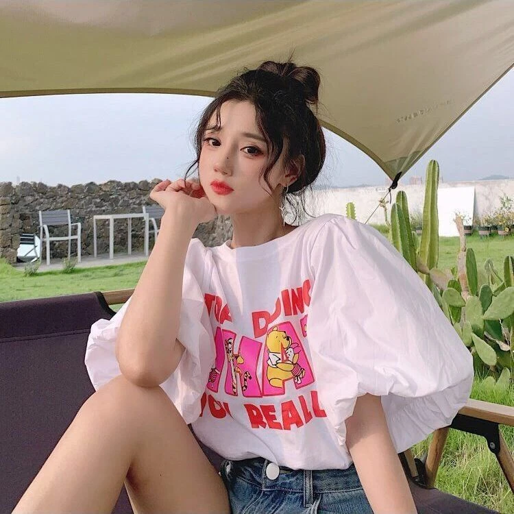 学生小个子短袖T恤女装夏季2023新款宽松印花泡泡袖上衣服ins潮
