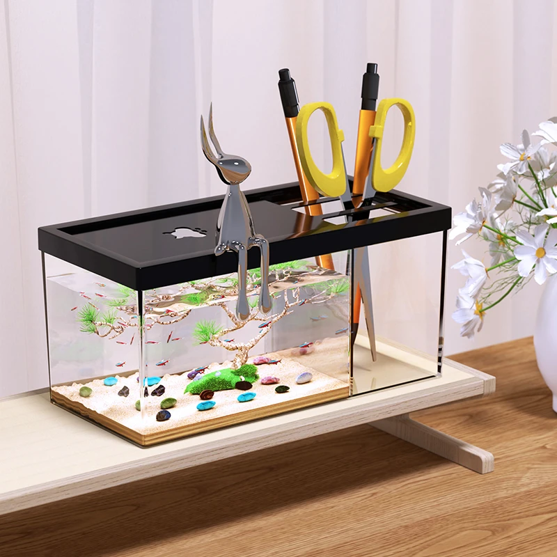 极乐鸟办公室鱼缸养鱼方形鱼缸桌面透明造景鱼缸迷你创意生态鱼缸