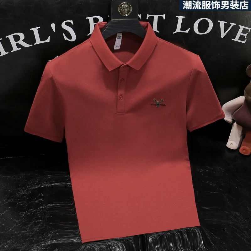 欧货夏季大码简约小鹿刺绣翻领高端短袖Polo衫男潮牌T恤男士半袖