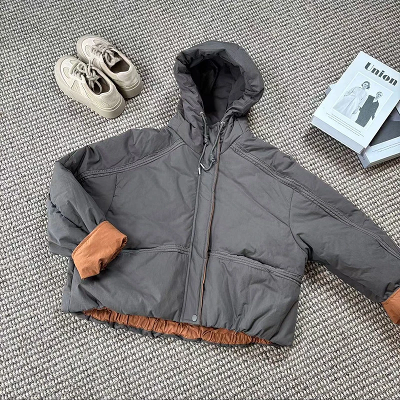 2024冬季新款韩版设计师撞色款夹棉宽松显瘦棉服连帽女士棉衣HL