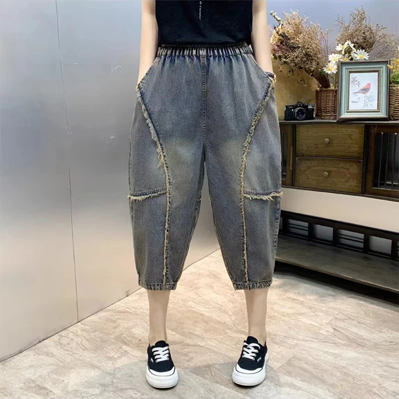 2024夏季新款休闲复古做旧毛边牛仔裤宽松大码萝卜裤哈伦裤女J569