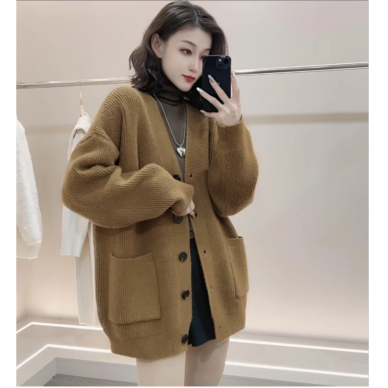 简约复古慵懒风v领中长款开衫女秋季韩版宽松百搭单排扣毛衣外套