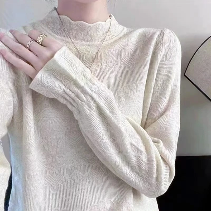 绵羊毛花瓣领~韩版慵懒风半高领提花针织打底衫秋冬时尚洋气内搭