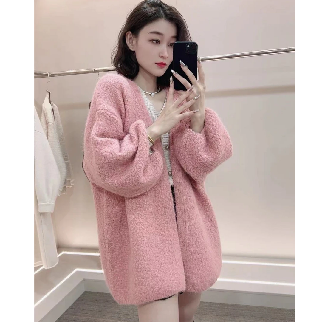 有运费补贴~灯笼袖开衫韩系慵懒风加厚毛混纺宽松毛衣显瘦开衫