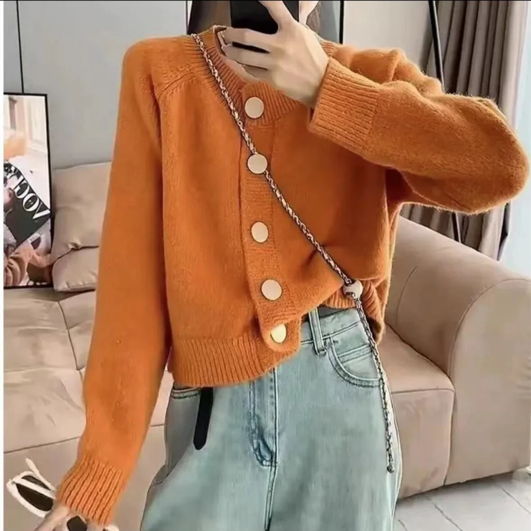 【大金扣开衫】新款百搭气质短款针织毛衣纯色开衫秋冬韩系ins圆领